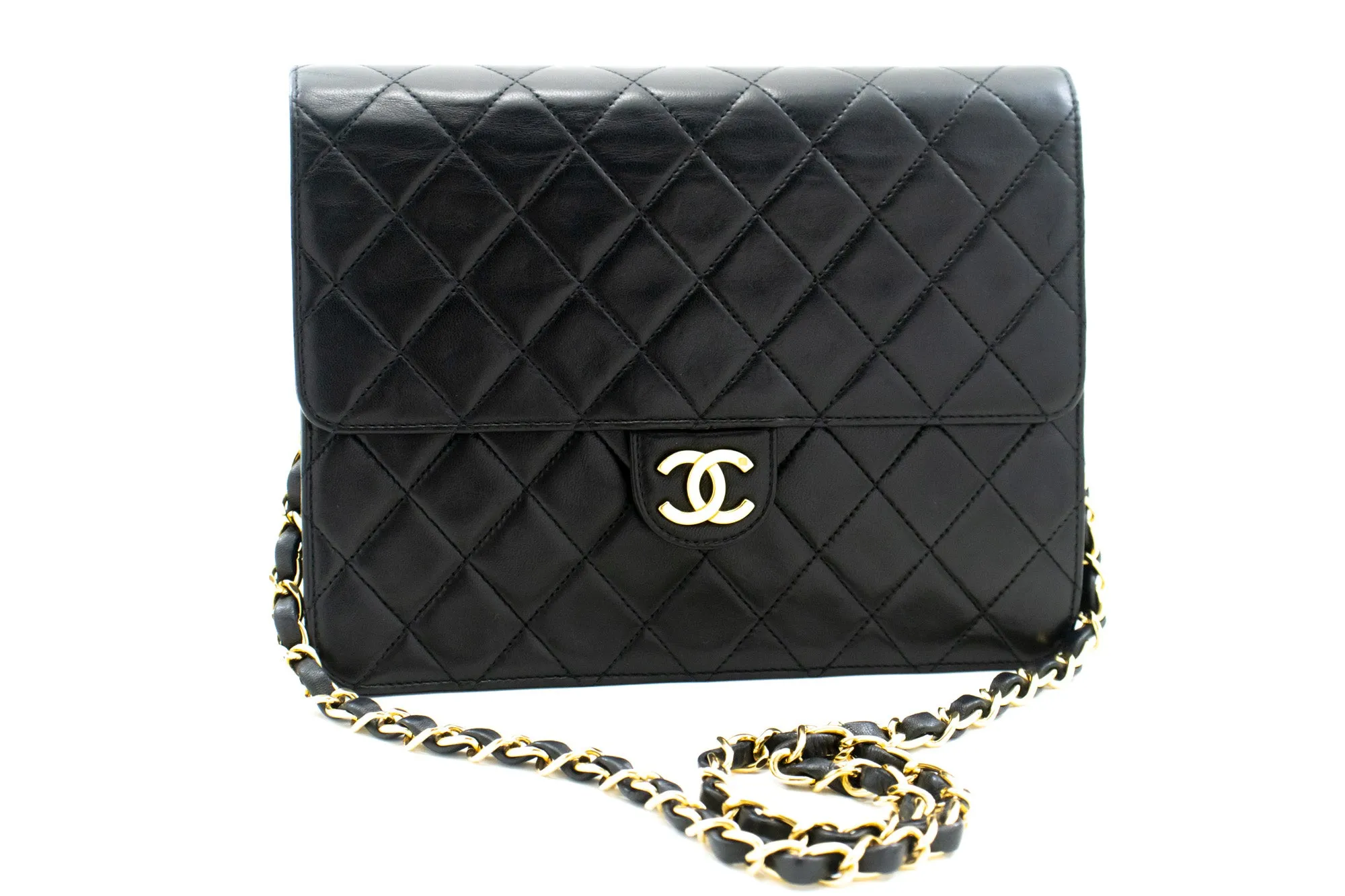 CHANEL Small Chain Shoulder Bag Clutch Black Quilted Flap Lambskin L54