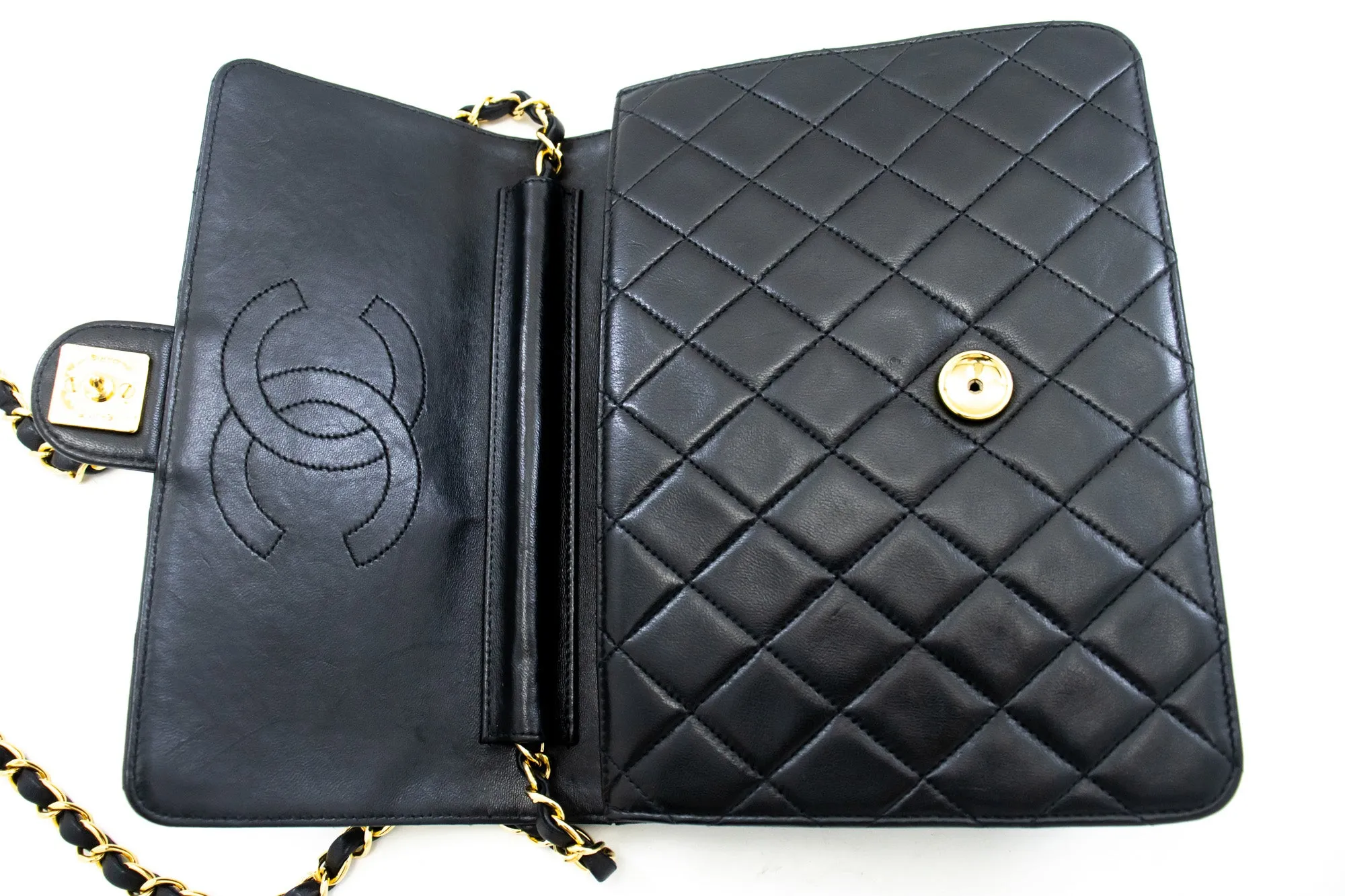 CHANEL Small Chain Shoulder Bag Clutch Black Quilted Flap Lambskin L54