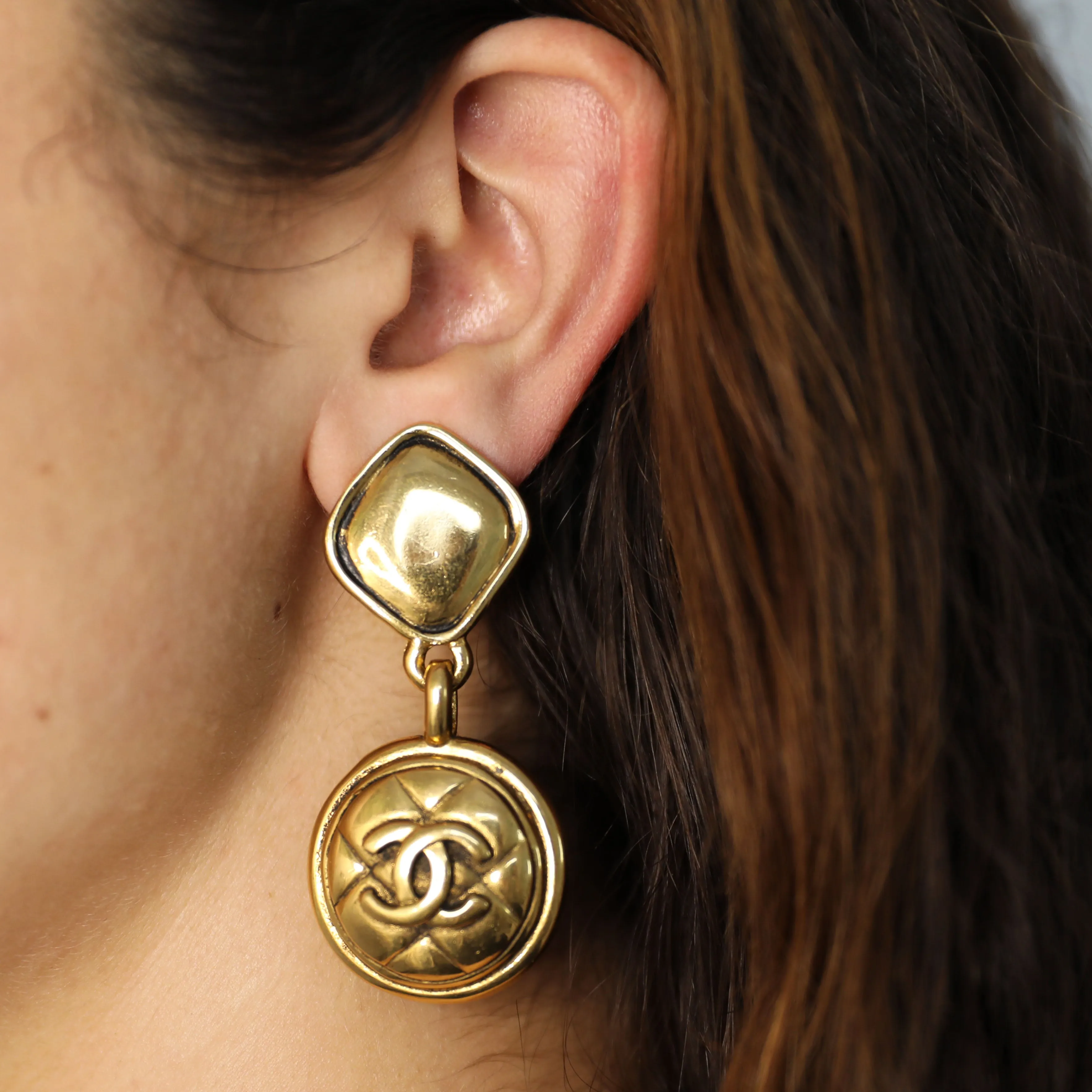 Chanel Vintage Rare Quilted Logo Earrings