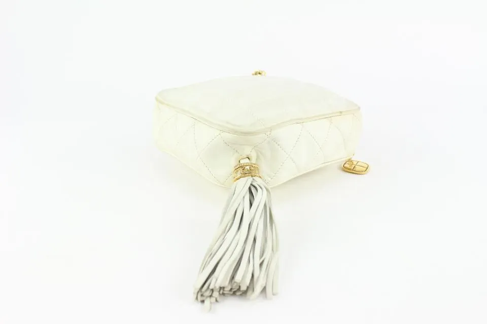 Chanel White Quilted Leather Diamond Clutch on Chain Tassel Bag 1123c30