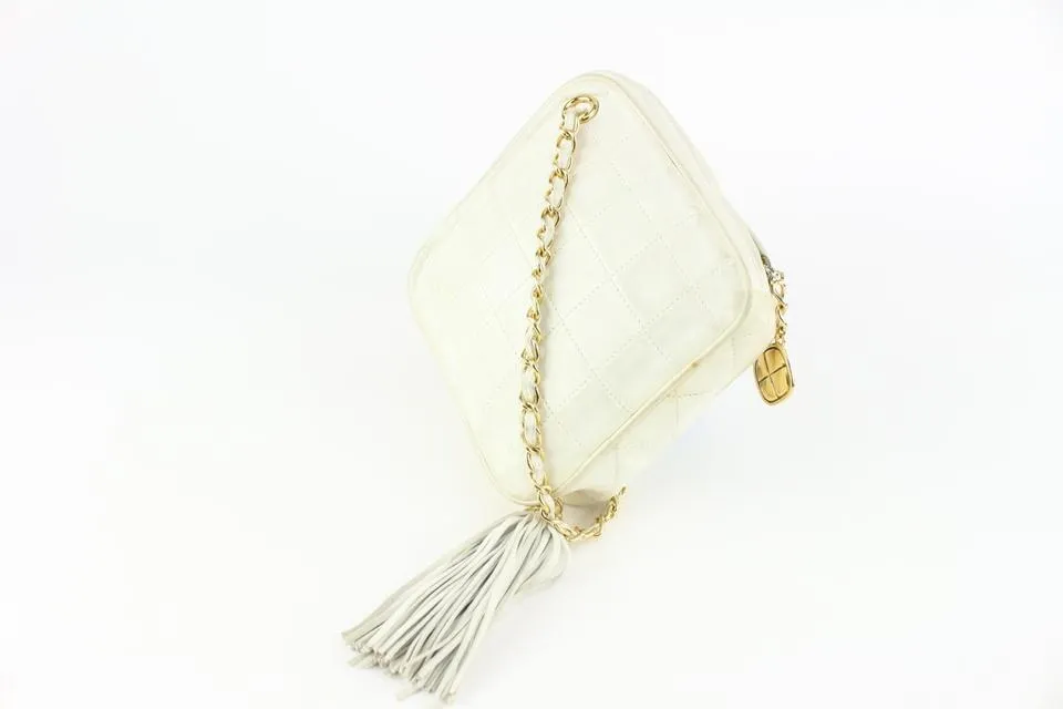 Chanel White Quilted Leather Diamond Clutch on Chain Tassel Bag 1123c30