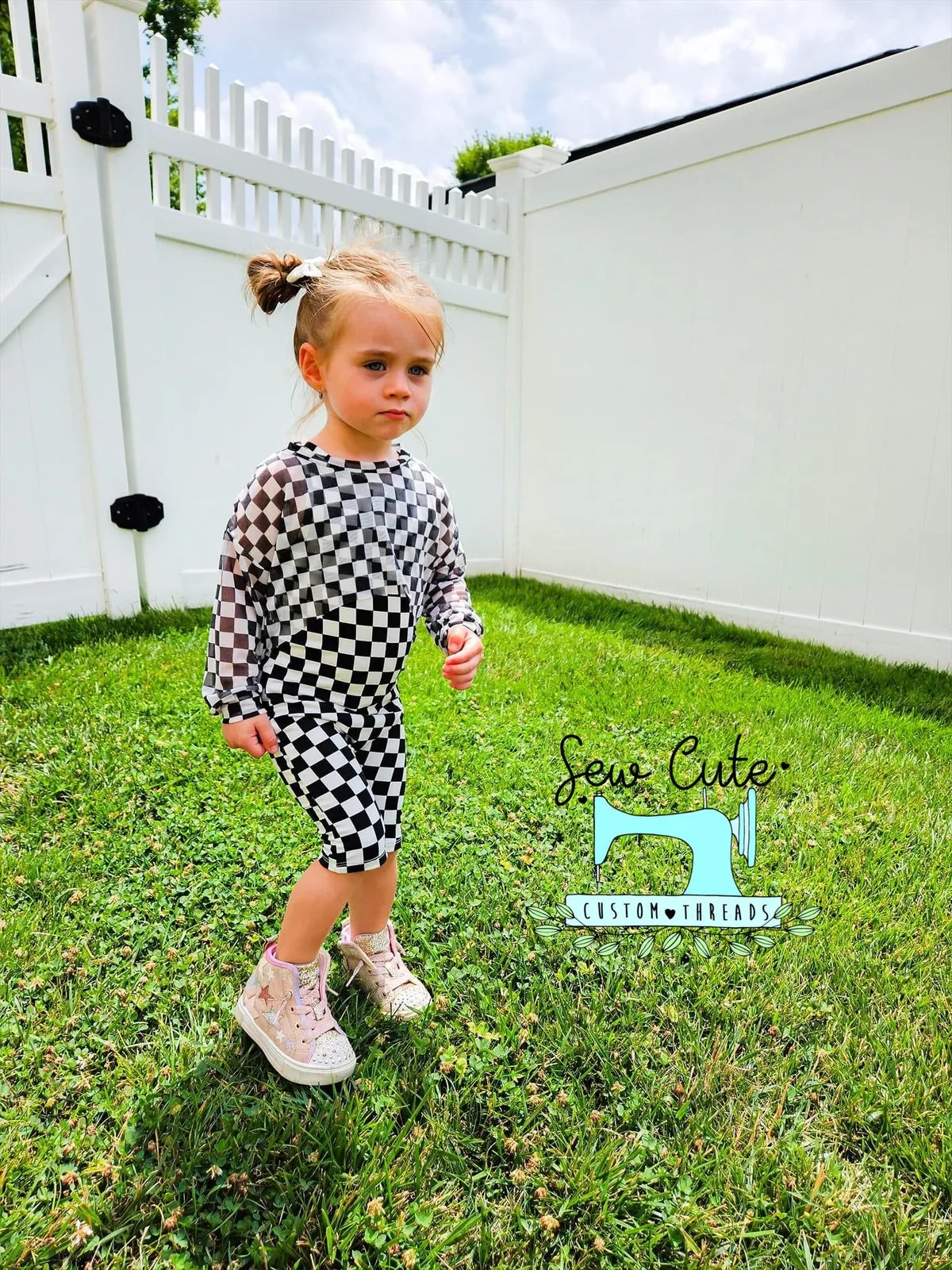 Checker Ollie romper with mesh Crop Top paired