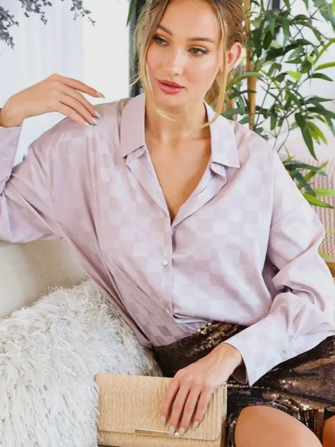 Checkered Button Down Top: Lavender