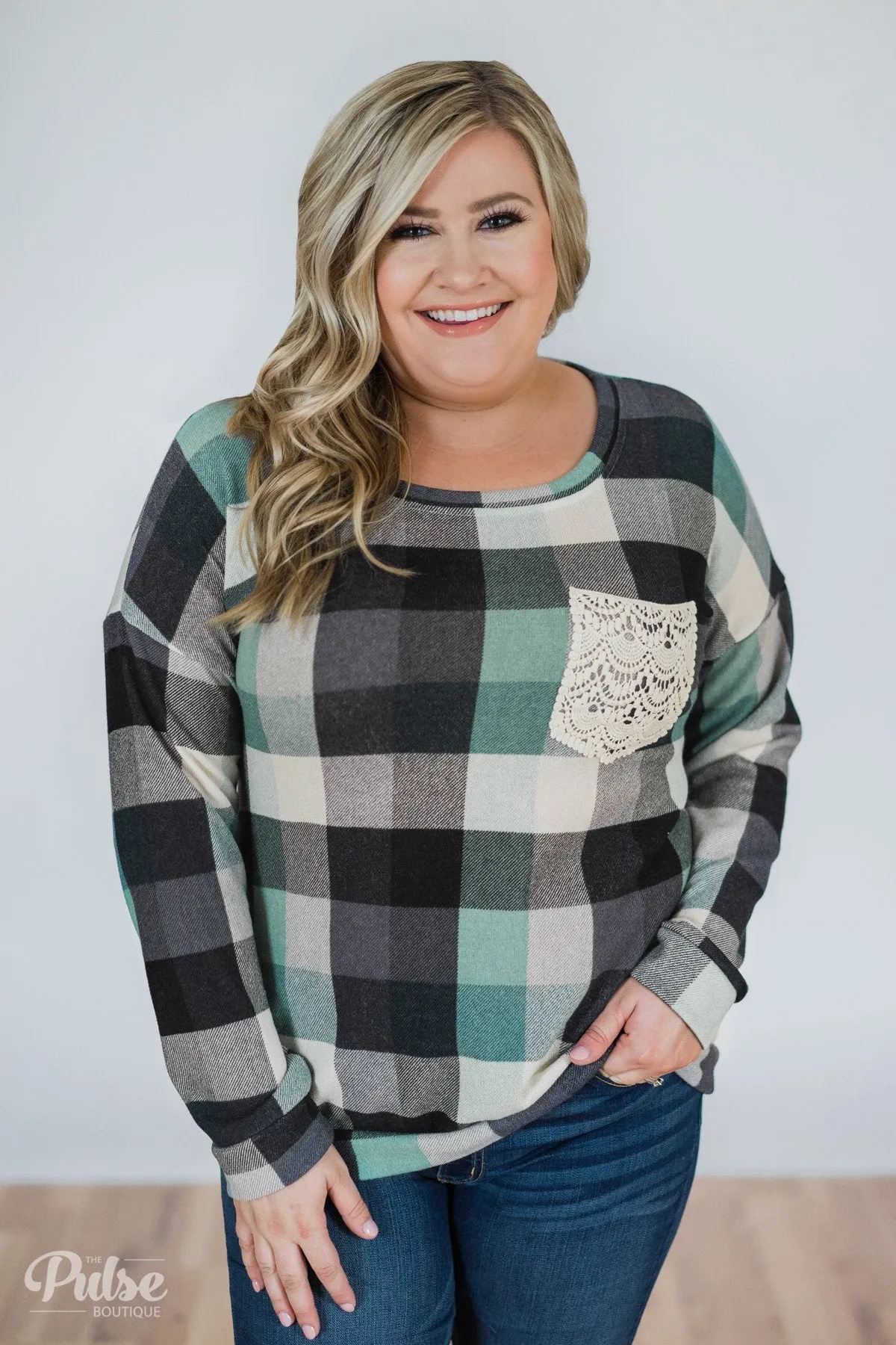 Checkered Pullover Pocket Top- Mint & Navy