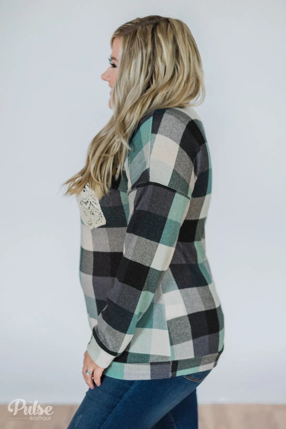 Checkered Pullover Pocket Top- Mint & Navy