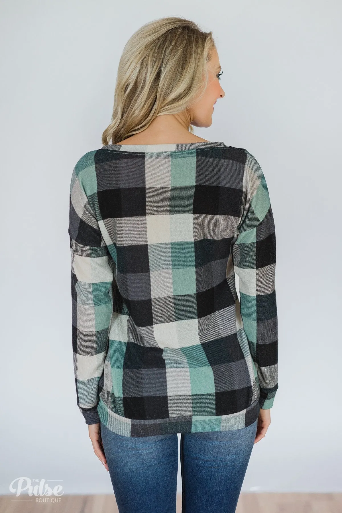Checkered Pullover Pocket Top- Mint & Navy