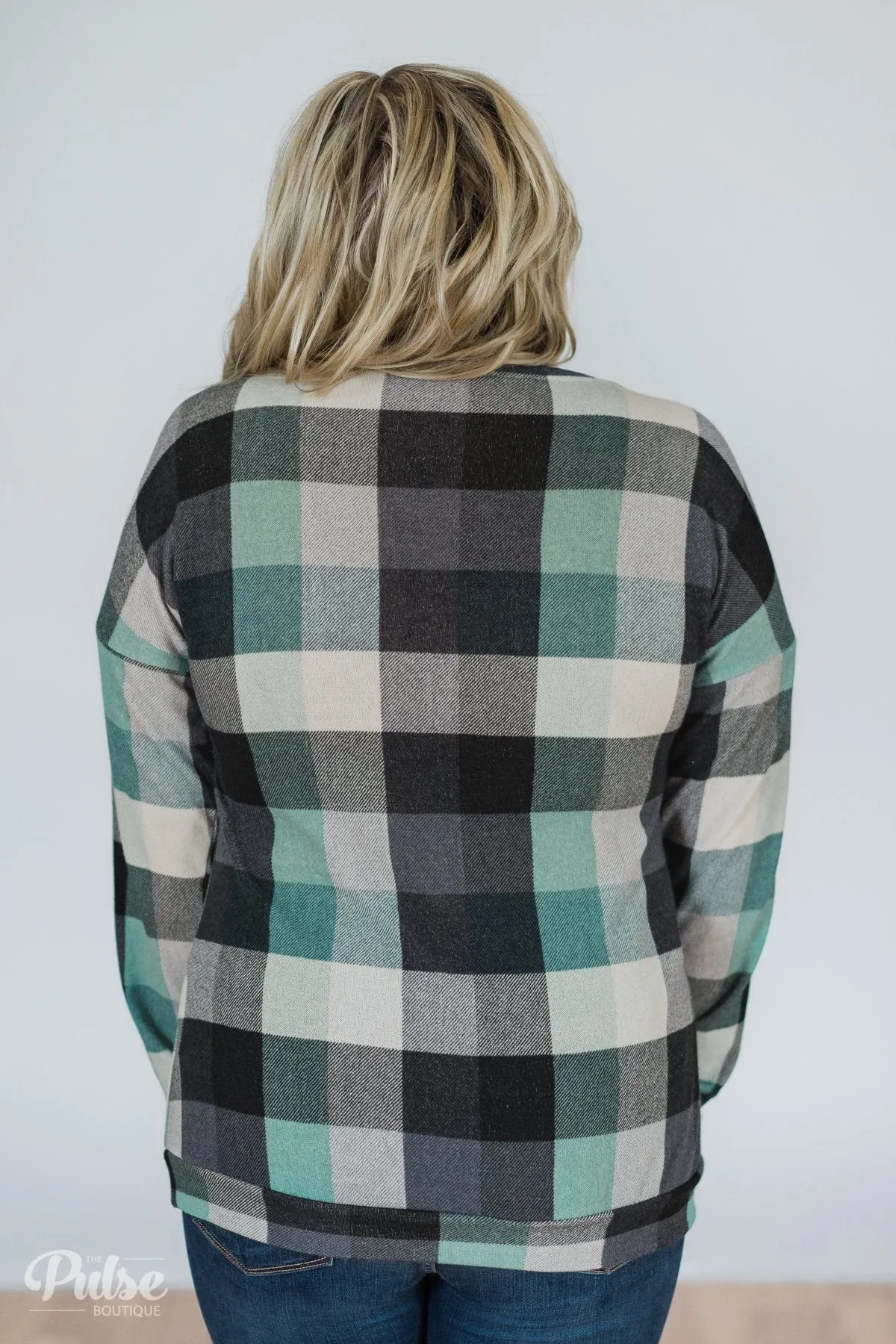 Checkered Pullover Pocket Top- Mint & Navy