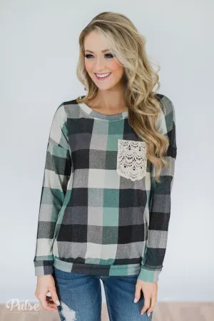 Checkered Pullover Pocket Top- Mint & Navy