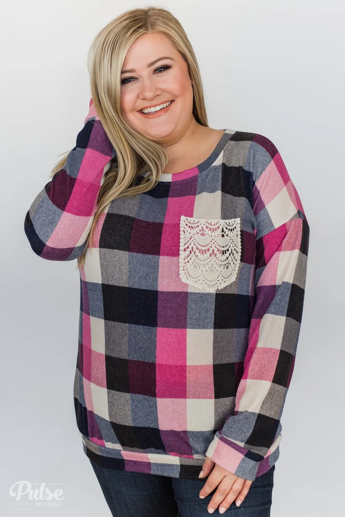 Checkered Pullover Pocket Top- Pink, Black, Navy