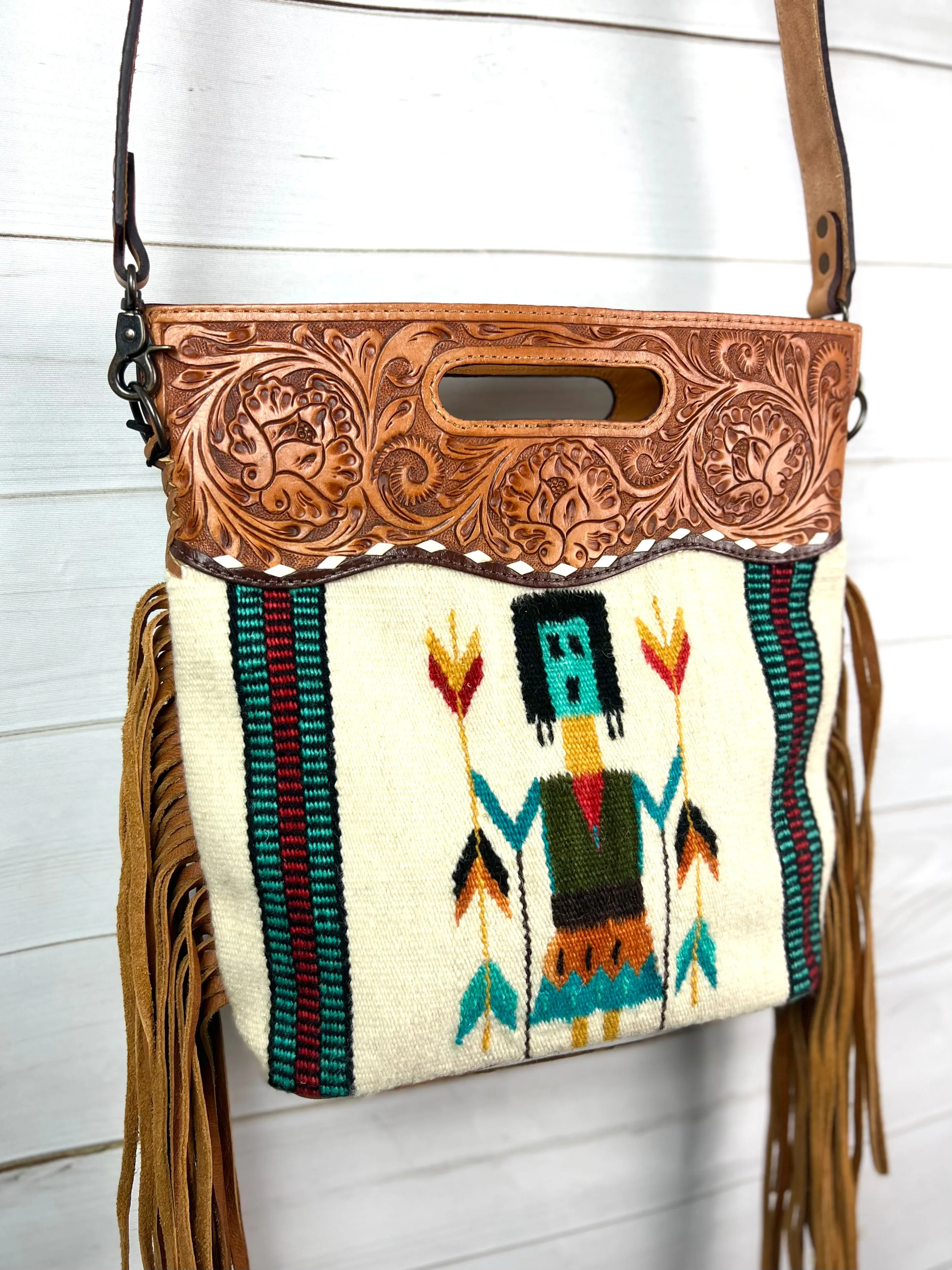 CLEARANCE! Kachina Woven Wool Leather Handle Fringe Bag