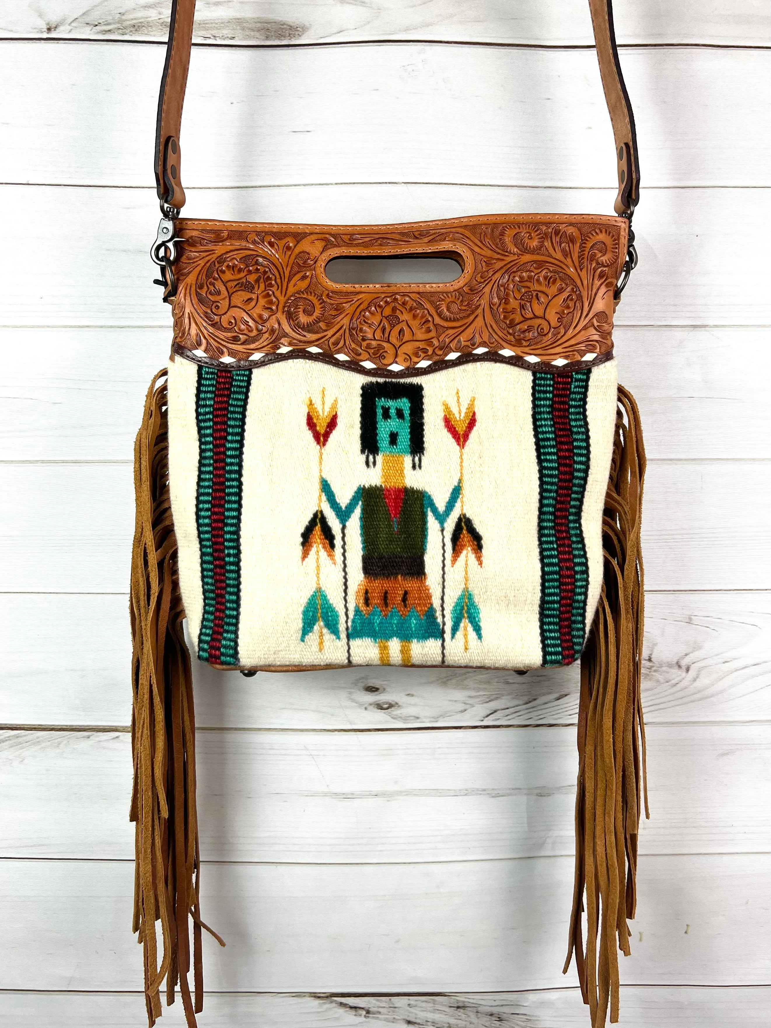 CLEARANCE! Kachina Woven Wool Leather Handle Fringe Bag