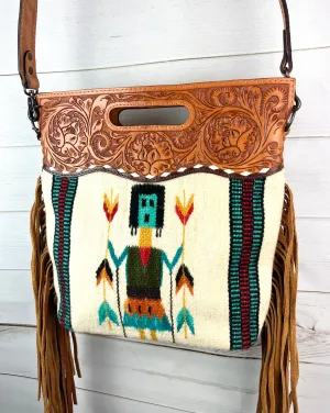 CLEARANCE! Kachina Woven Wool Leather Handle Fringe Bag