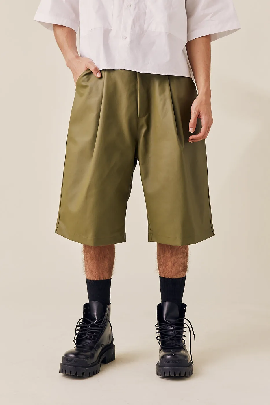 Coated Cotton Wide Bermuda Shorts