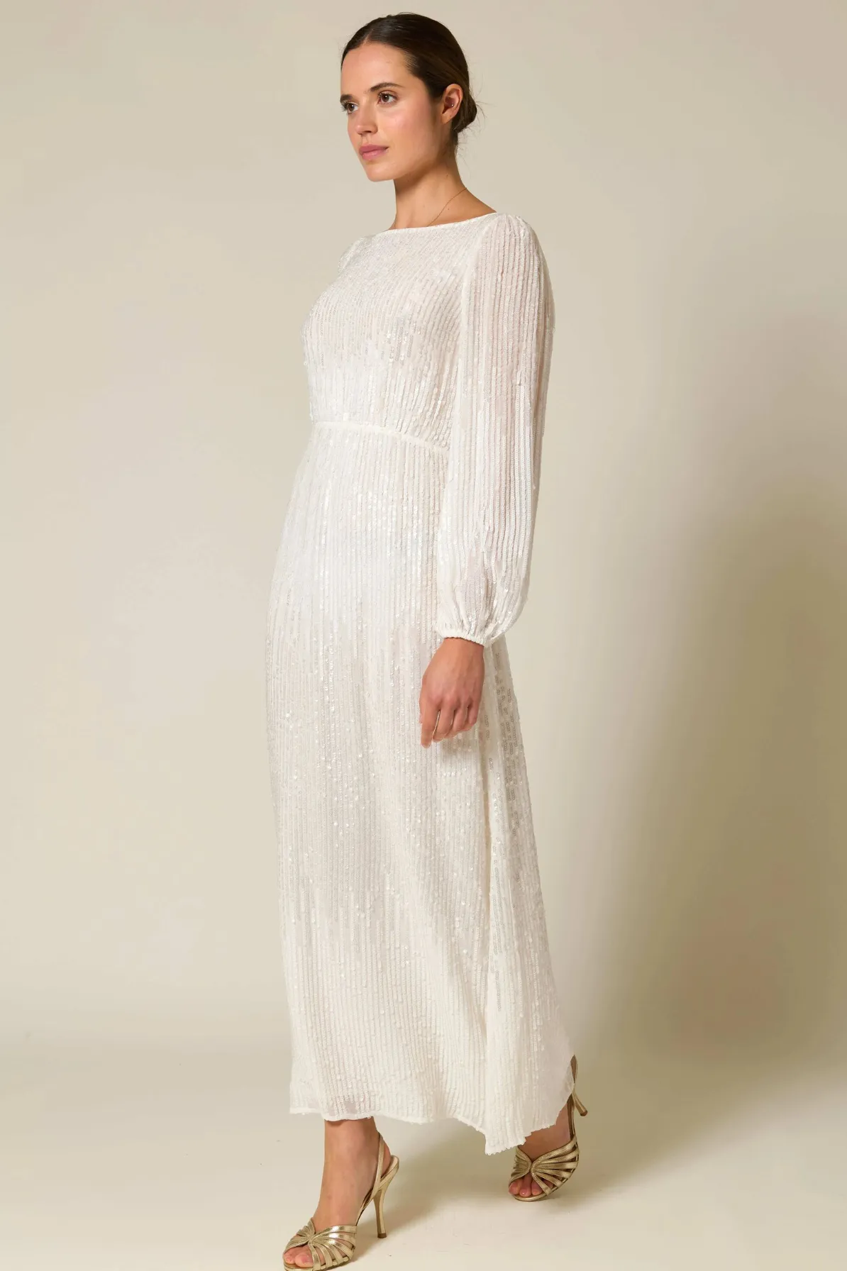 Coco Sequin Midi Dress in Ivory by Rixo London - RENTAL