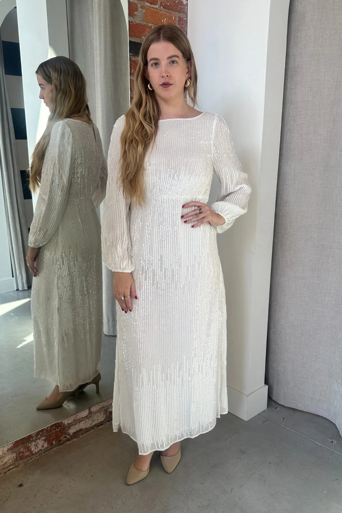Coco Sequin Midi Dress in Ivory by Rixo London - RENTAL