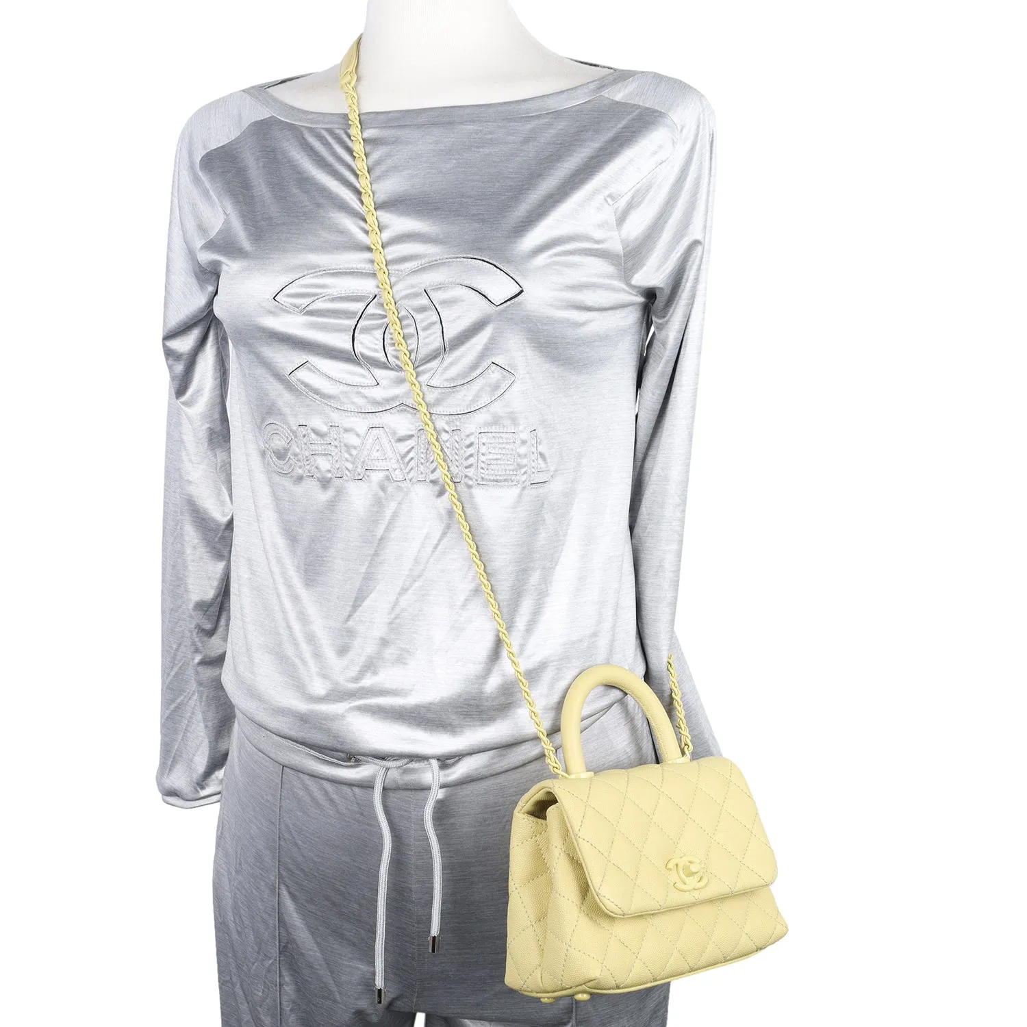 Coco Top Handle Classic Flap Bag Quilted Caviar Mini Yellow