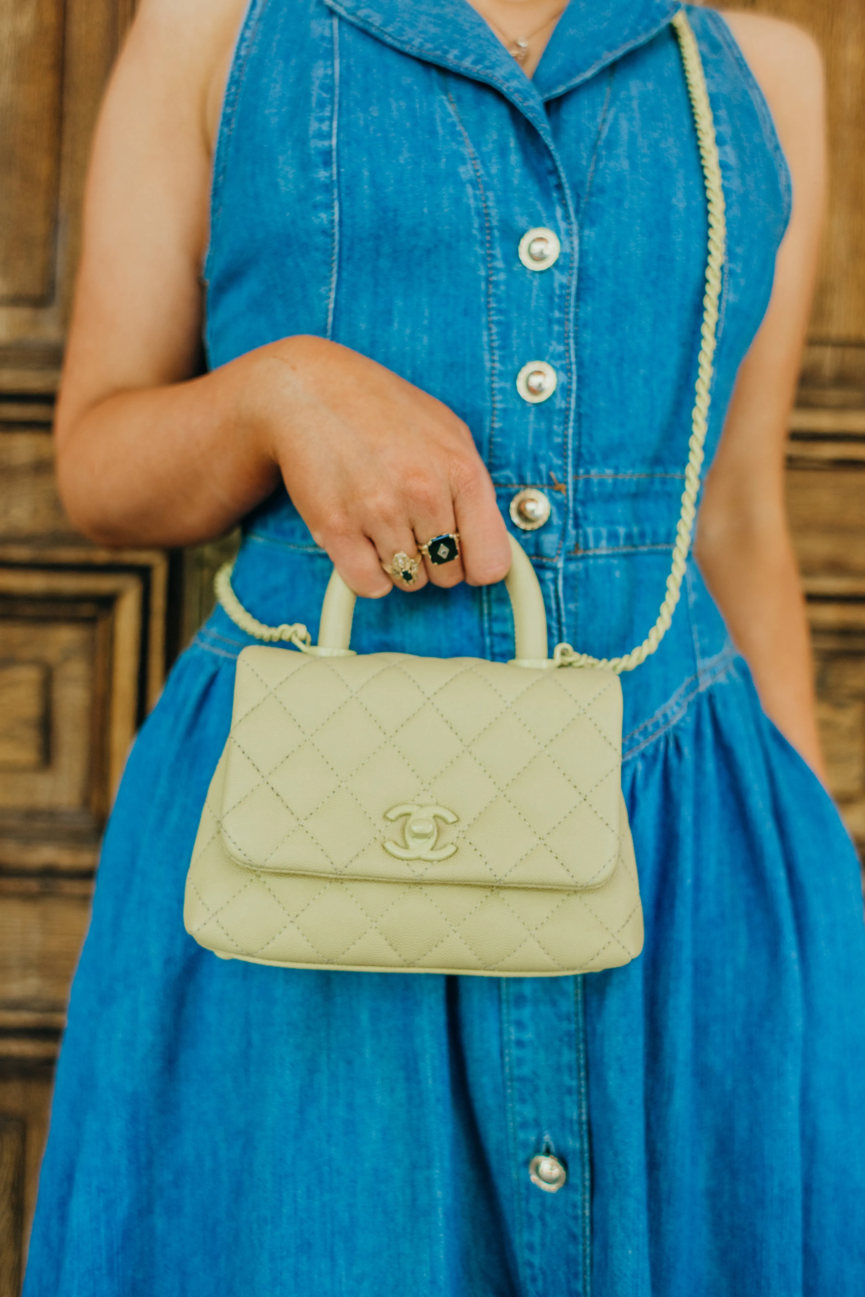 Coco Top Handle Classic Flap Bag Quilted Caviar Mini Yellow