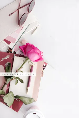Coffee, Pink Rose and Notebook. Stock Photo