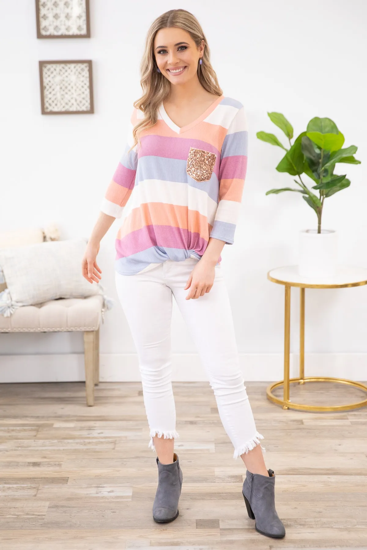 Coral Multicolor Stripe Top with Sequin Pocket
