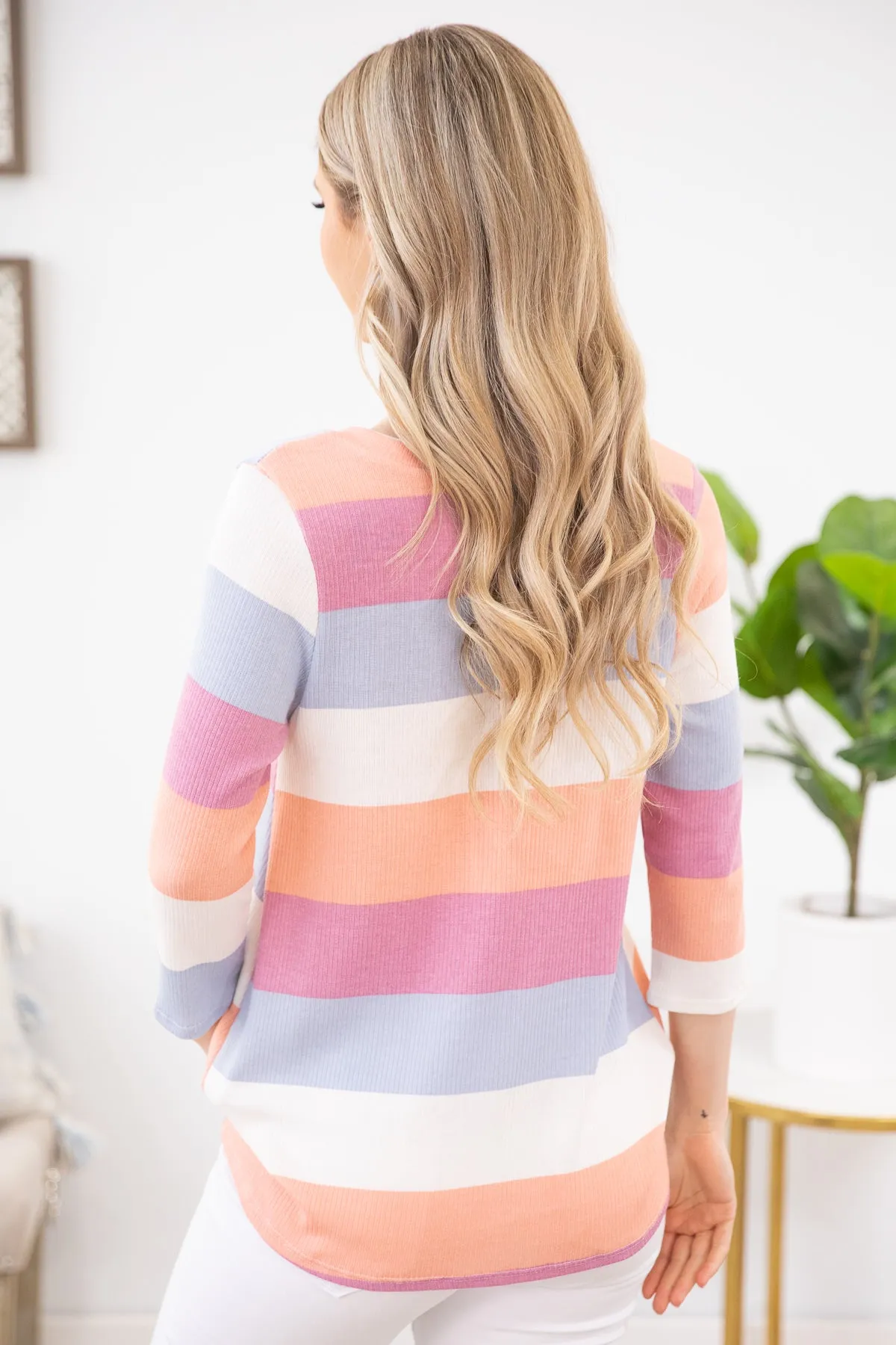 Coral Multicolor Stripe Top with Sequin Pocket