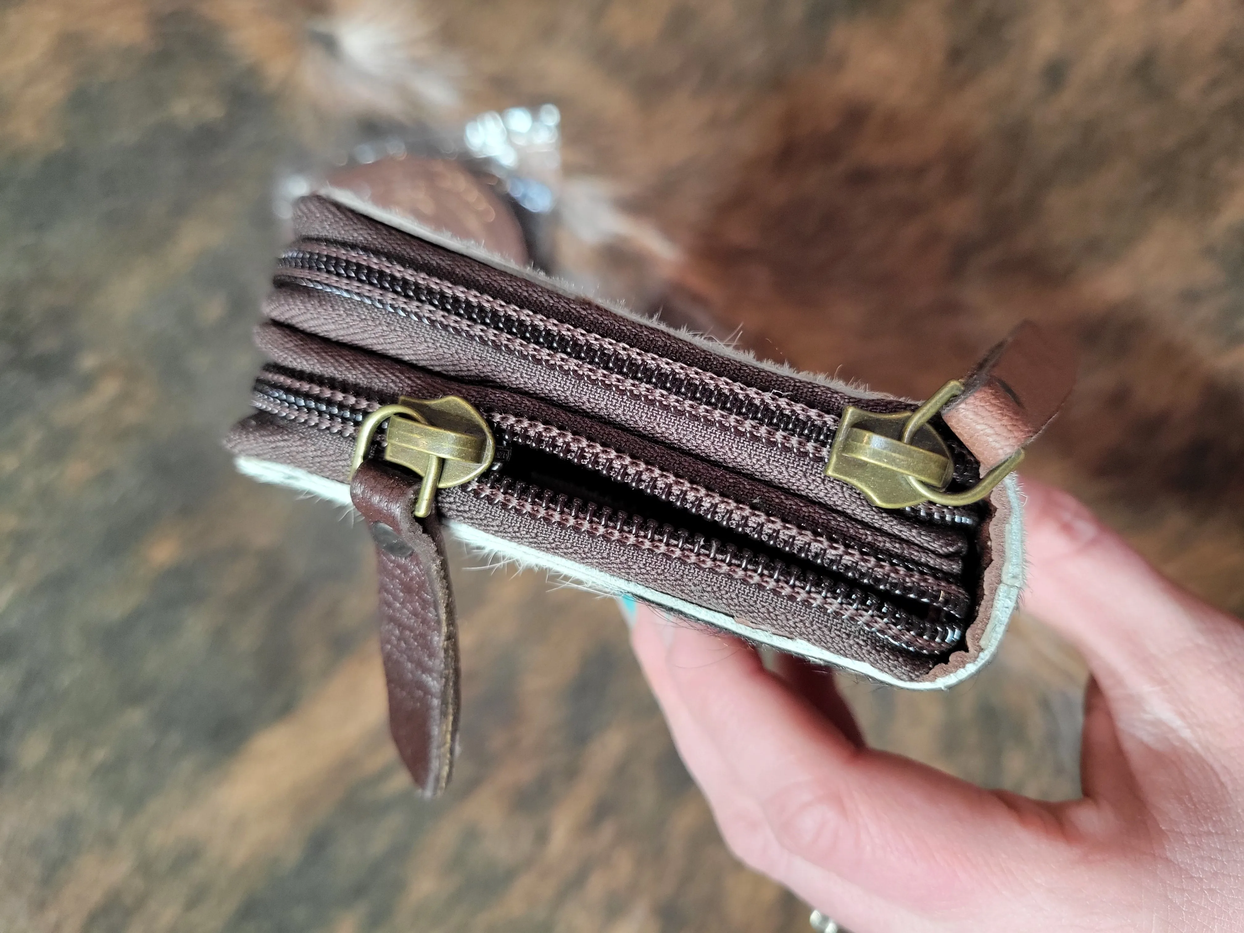 Cow Hide Double Zip Wallet / Crossbody
