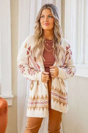 Cream and Terra Cotta Aztec Print Cardigan
