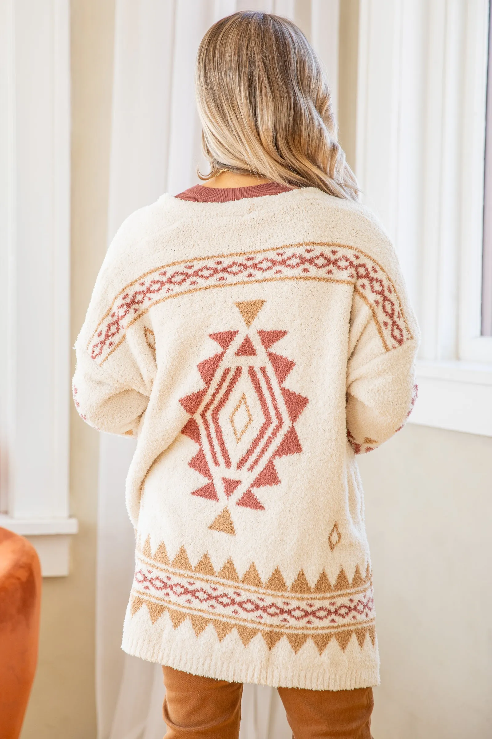 Cream and Terra Cotta Aztec Print Cardigan
