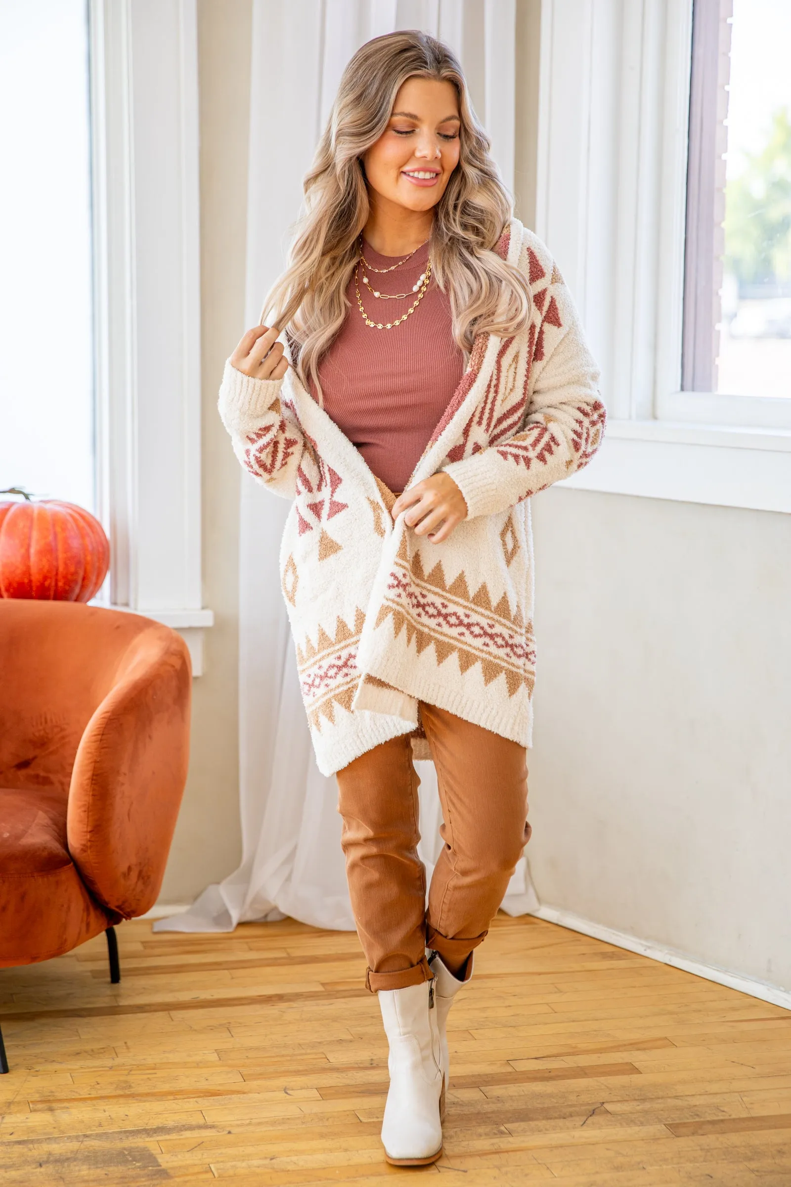 Cream and Terra Cotta Aztec Print Cardigan