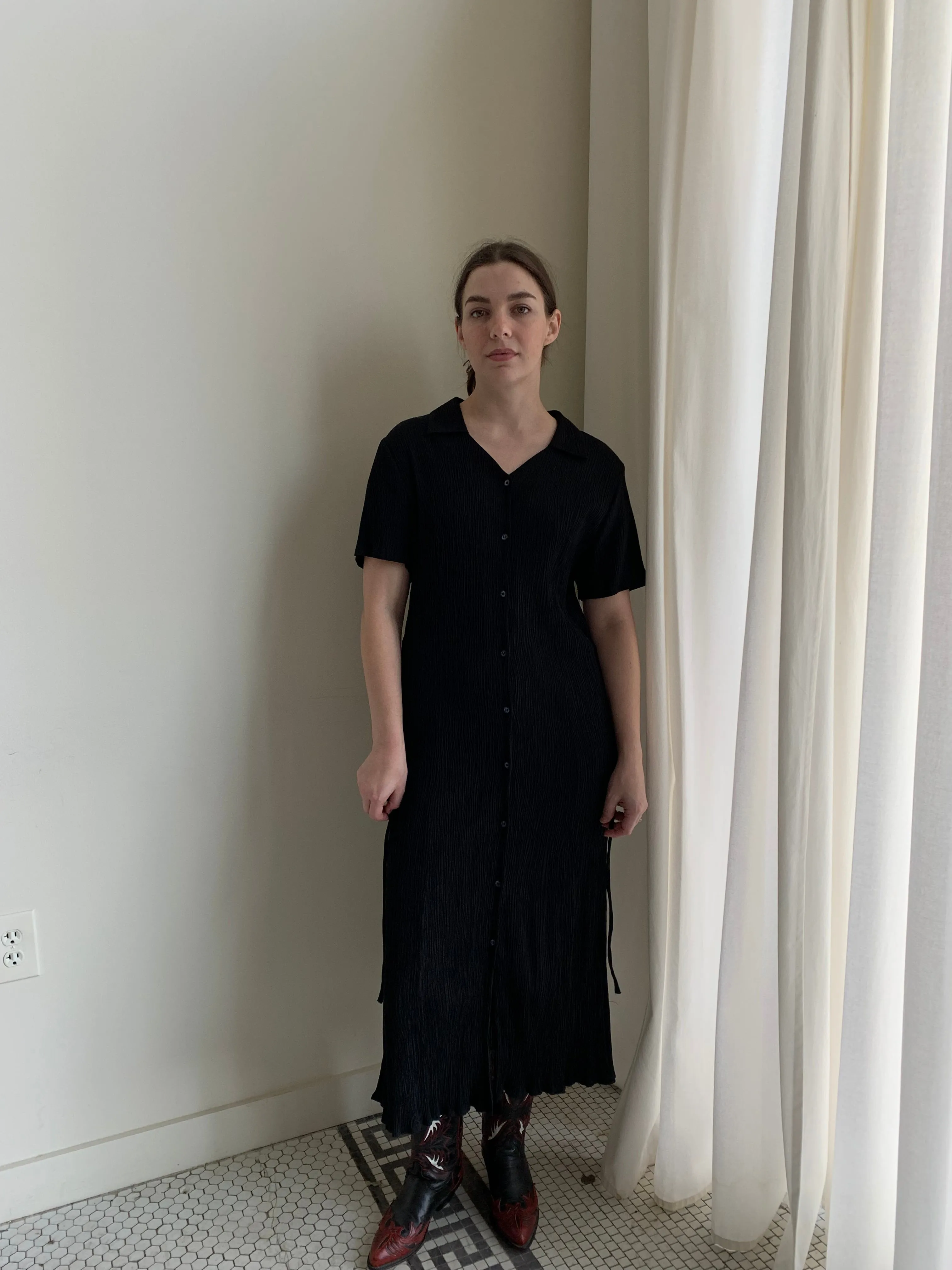 Crinkle pleat midi dress