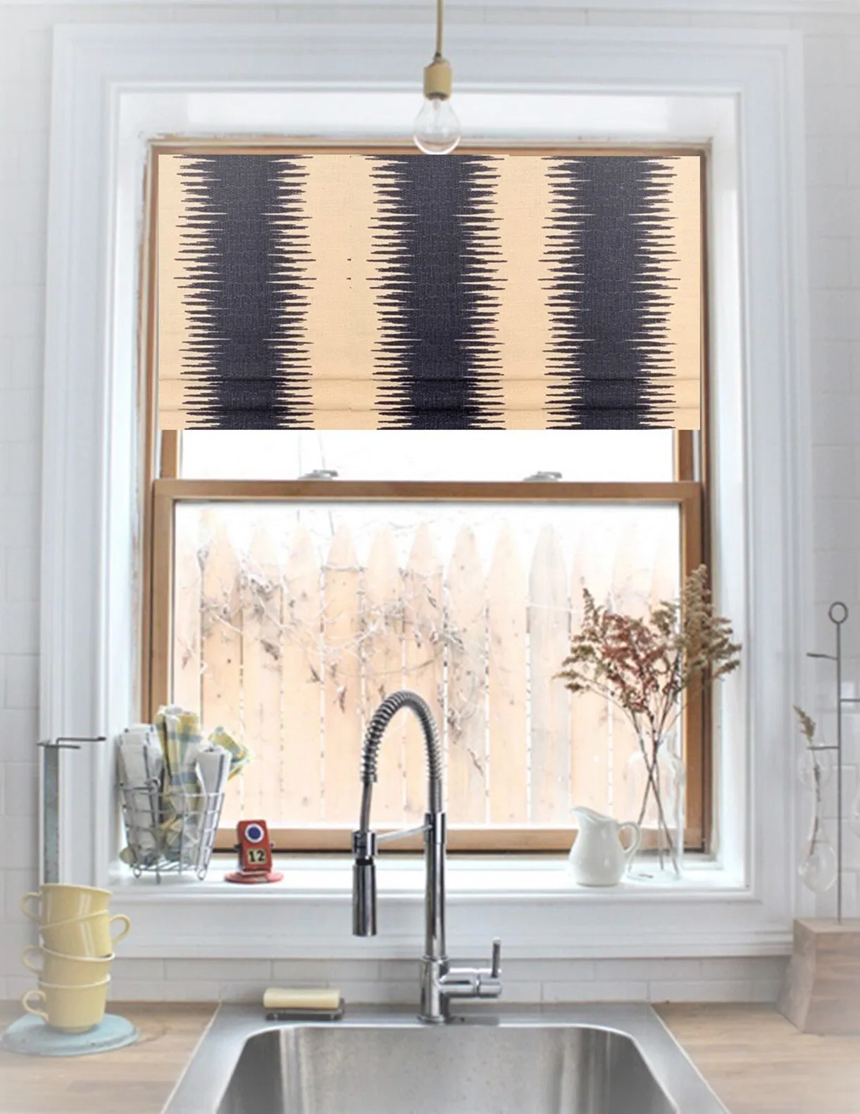 Custom Made Faux Roman Shade Valance in Navy Blue Ikat Stripe on Birch/Ivory Textured Cotton (similar to bark cloth), Fully Lined