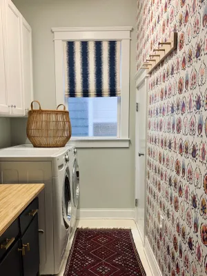 Custom Made Faux Roman Shade Valance in Navy Blue Ikat Stripe on Birch/Ivory Textured Cotton (similar to bark cloth), Fully Lined