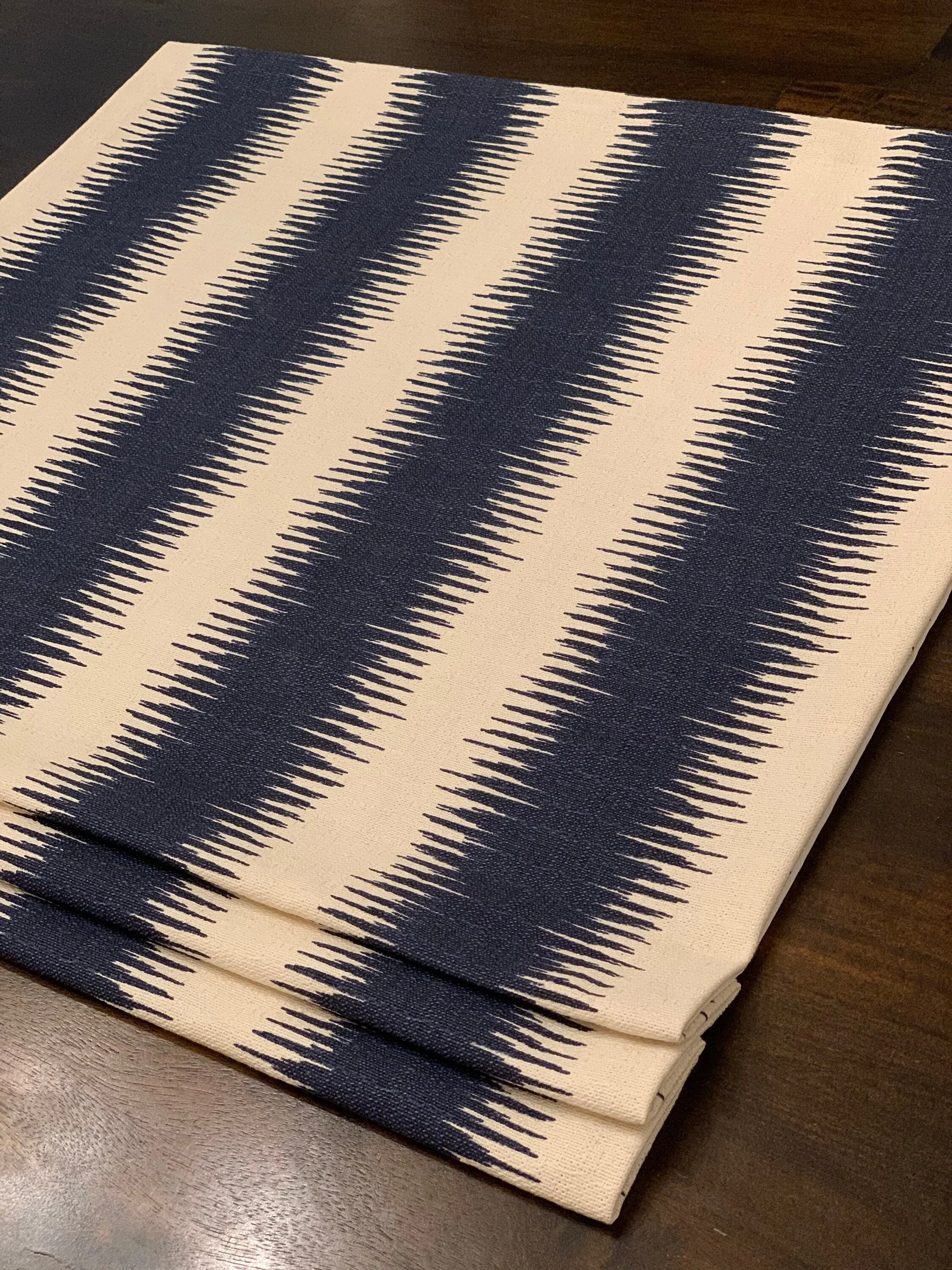 Custom Made Faux Roman Shade Valance in Navy Blue Ikat Stripe on Birch/Ivory Textured Cotton (similar to bark cloth), Fully Lined