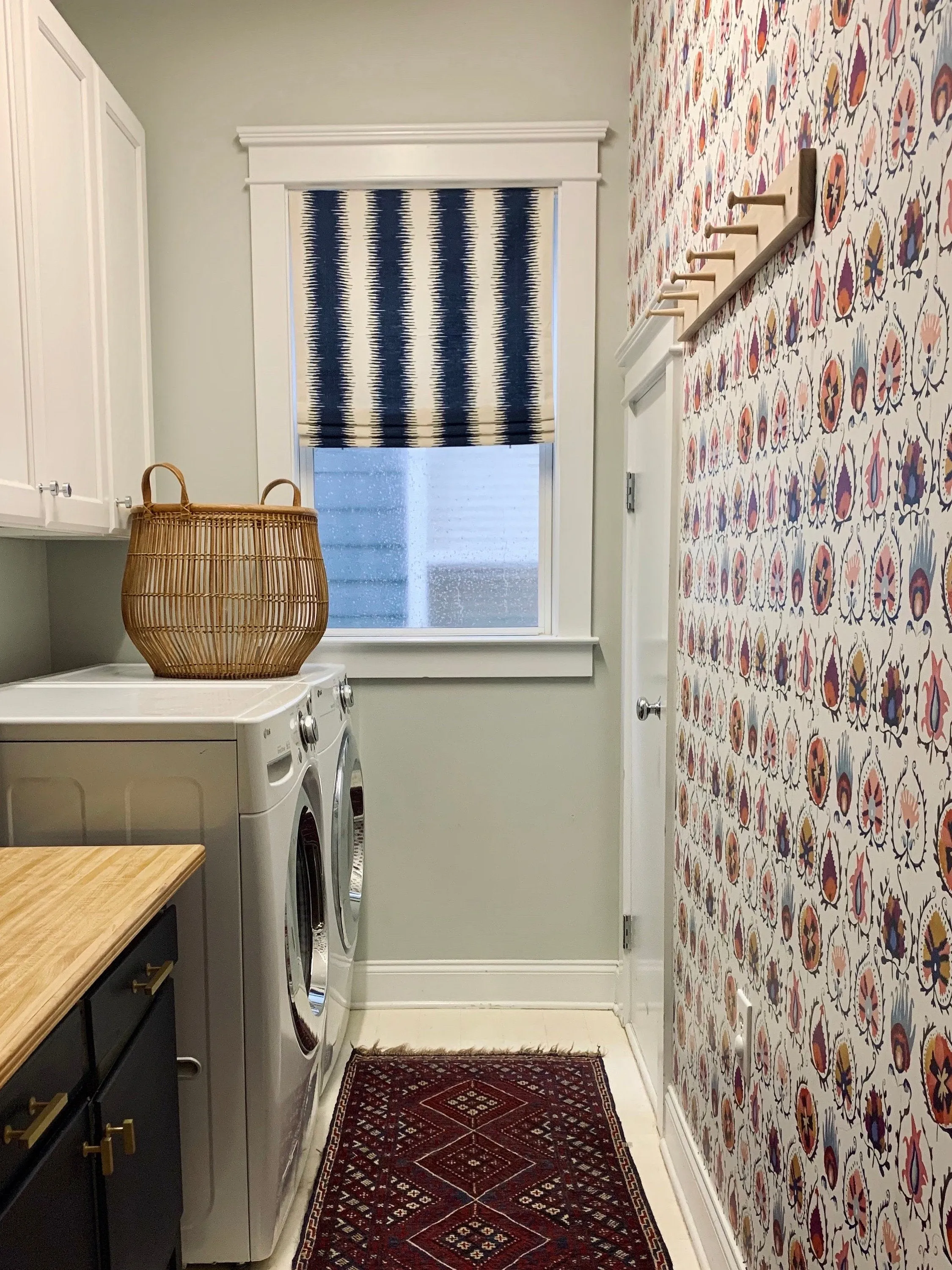 Custom Made Faux Roman Shade Valance in Navy Blue Ikat Stripe on Birch/Ivory Textured Cotton (similar to bark cloth), Fully Lined
