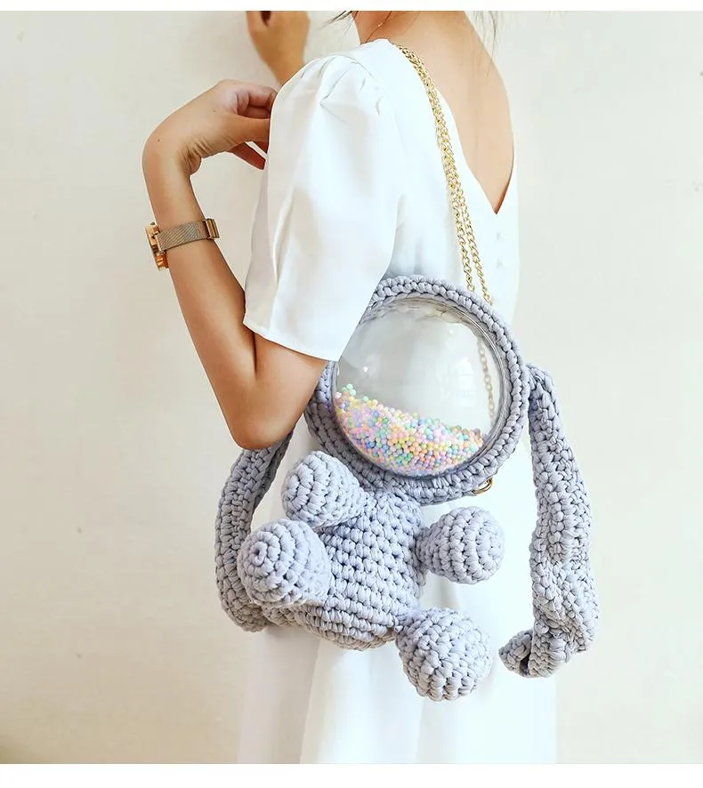 Cute Light Blue & White Crochet Bunny Backpack Rabbit Crochet Shoulder Bag for Girl Bunny Crochet Crossbody Purse