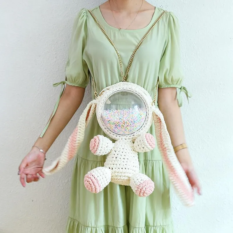Cute Light Blue & White Crochet Bunny Backpack Rabbit Crochet Shoulder Bag for Girl Bunny Crochet Crossbody Purse