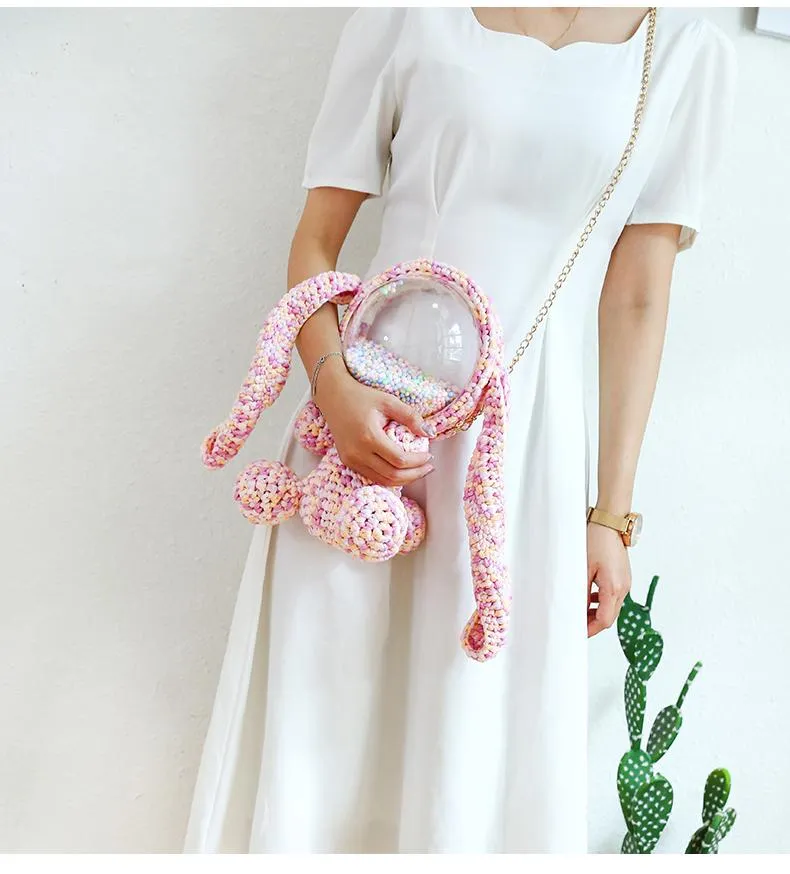 Cute Light Blue & White Crochet Bunny Backpack Rabbit Crochet Shoulder Bag for Girl Bunny Crochet Crossbody Purse