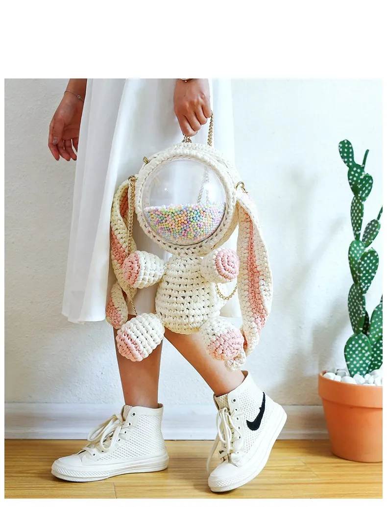 Cute Light Blue & White Crochet Bunny Backpack Rabbit Crochet Shoulder Bag for Girl Bunny Crochet Crossbody Purse