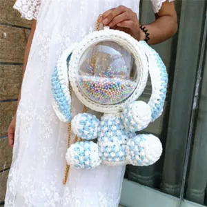Cute Light Blue & White Crochet Bunny Backpack Rabbit Crochet Shoulder Bag for Girl Bunny Crochet Crossbody Purse