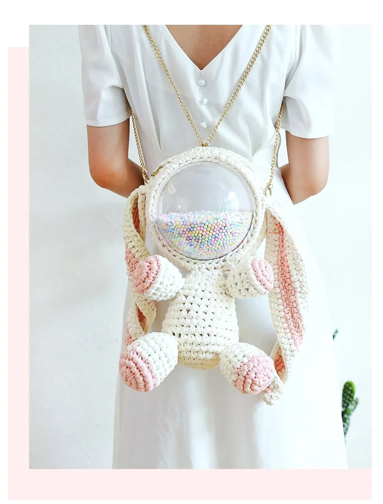 Cute Light Blue & White Crochet Bunny Backpack Rabbit Crochet Shoulder Bag for Girl Bunny Crochet Crossbody Purse