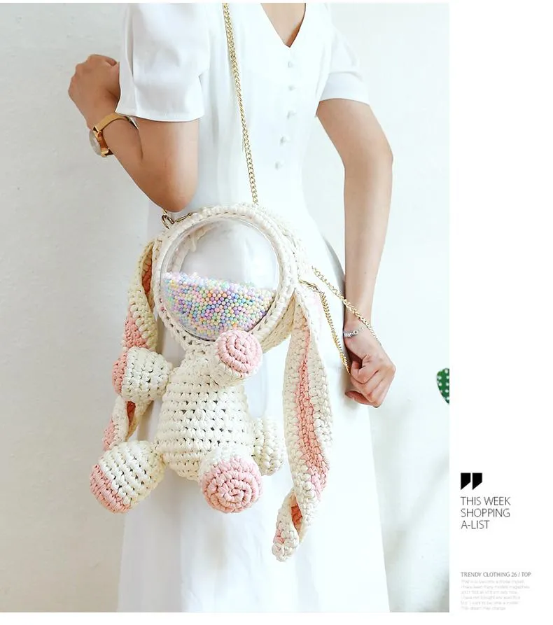 Cute Light Blue & White Crochet Bunny Backpack Rabbit Crochet Shoulder Bag for Girl Bunny Crochet Crossbody Purse