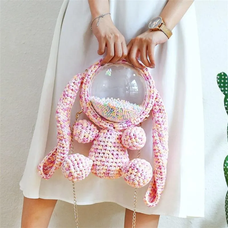 Cute Light Blue & White Crochet Bunny Backpack Rabbit Crochet Shoulder Bag for Girl Bunny Crochet Crossbody Purse