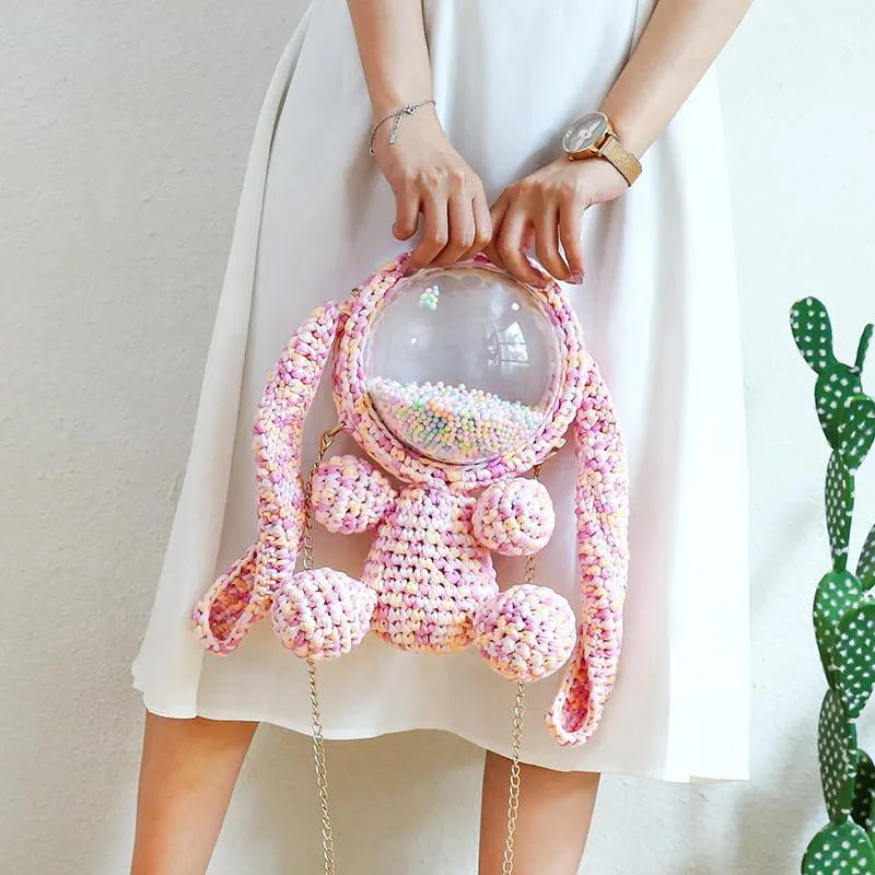 Cute Light Blue & White Crochet Bunny Backpack Rabbit Crochet Shoulder Bag for Girl Bunny Crochet Crossbody Purse