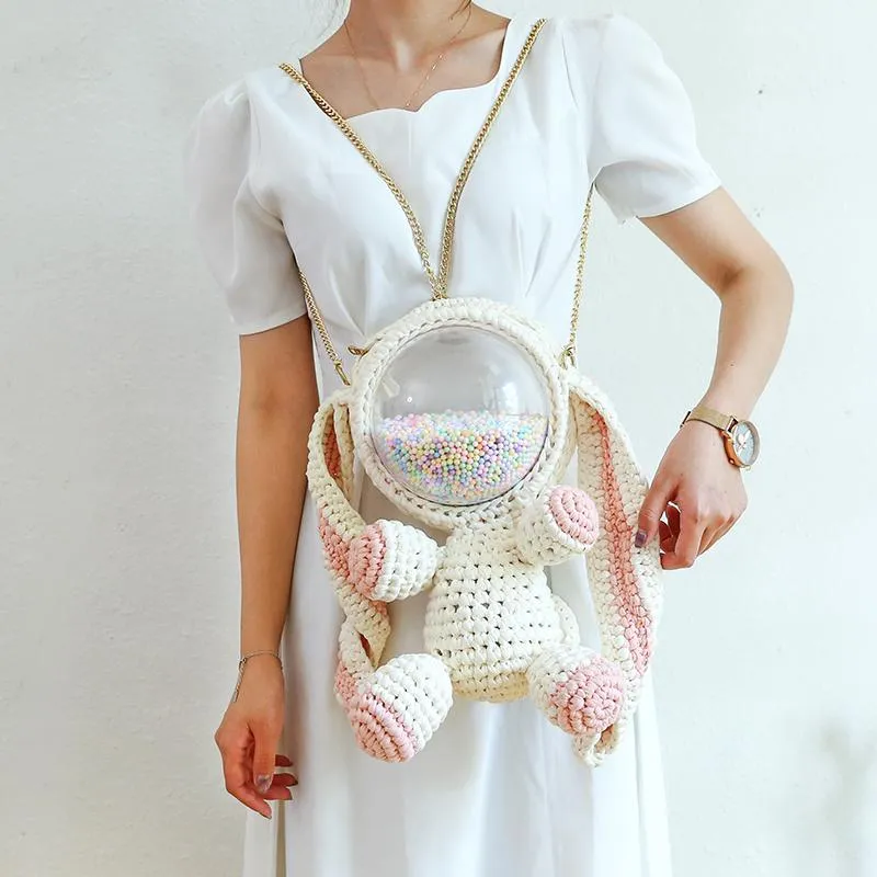 Cute Light Blue & White Crochet Bunny Backpack Rabbit Crochet Shoulder Bag for Girl Bunny Crochet Crossbody Purse