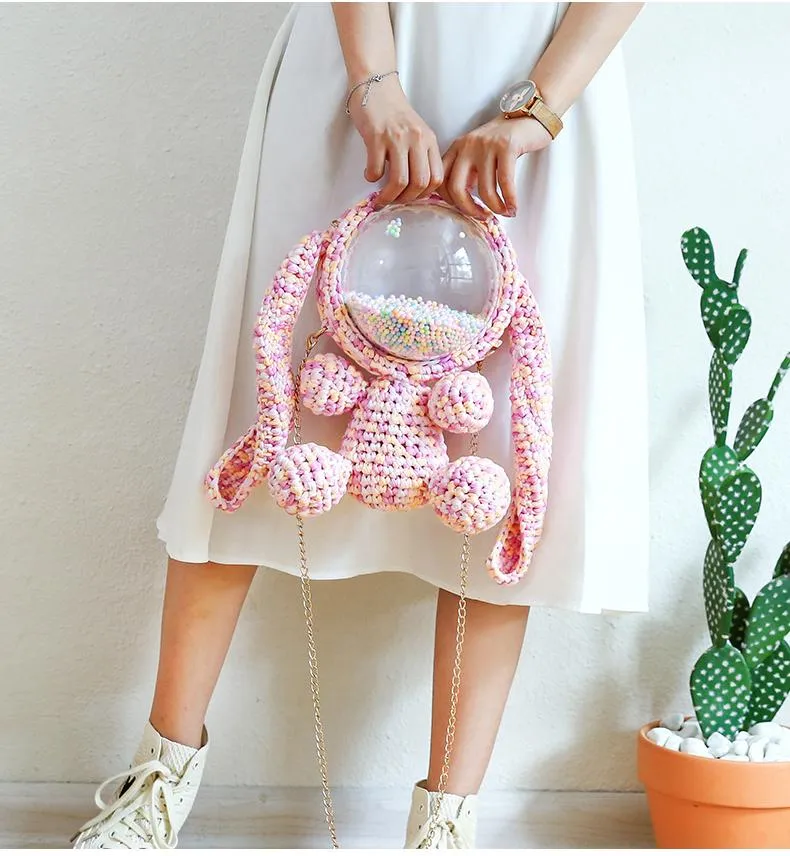 Cute Light Blue & White Crochet Bunny Backpack Rabbit Crochet Shoulder Bag for Girl Bunny Crochet Crossbody Purse