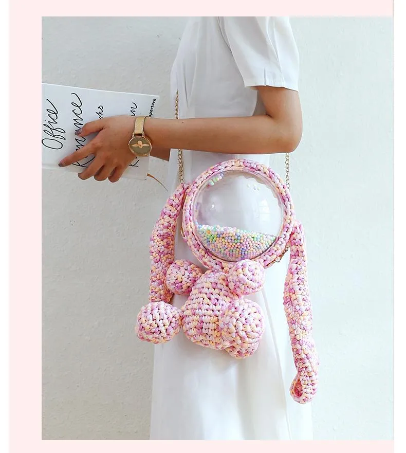 Cute Light Blue & White Crochet Bunny Backpack Rabbit Crochet Shoulder Bag for Girl Bunny Crochet Crossbody Purse