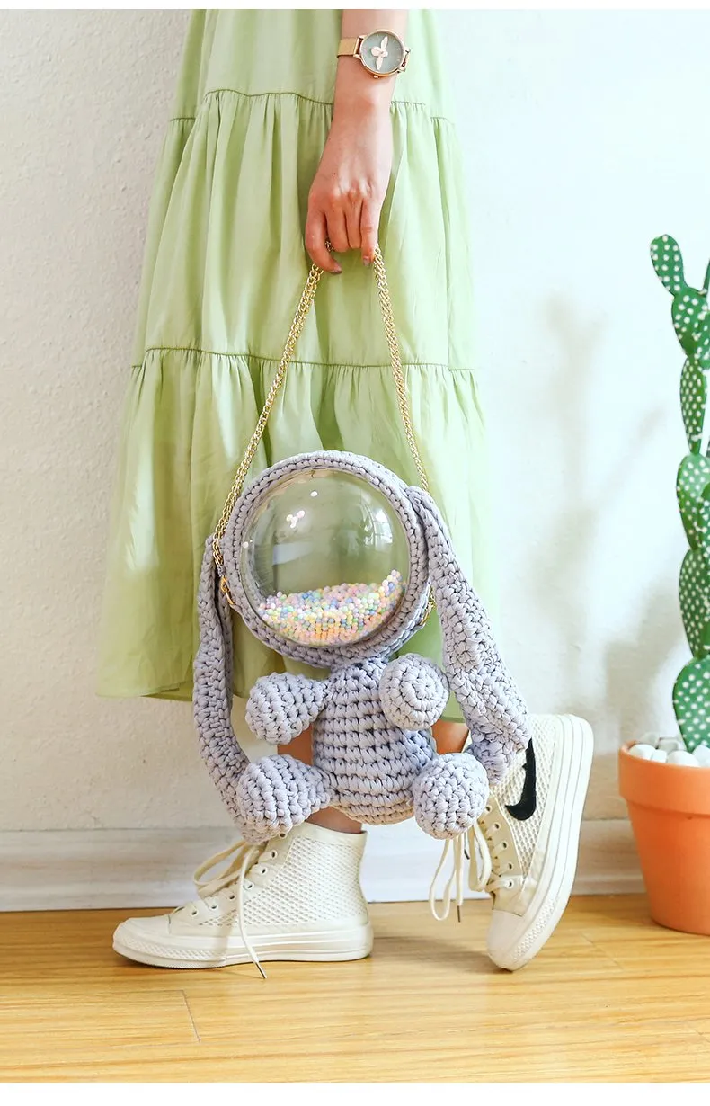 Cute Light Blue & White Crochet Bunny Backpack Rabbit Crochet Shoulder Bag for Girl Bunny Crochet Crossbody Purse