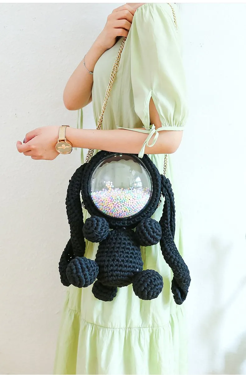 Cute Light Blue & White Crochet Bunny Backpack Rabbit Crochet Shoulder Bag for Girl Bunny Crochet Crossbody Purse