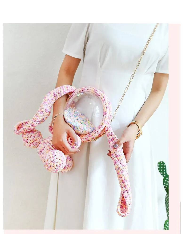 Cute Light Blue & White Crochet Bunny Backpack Rabbit Crochet Shoulder Bag for Girl Bunny Crochet Crossbody Purse