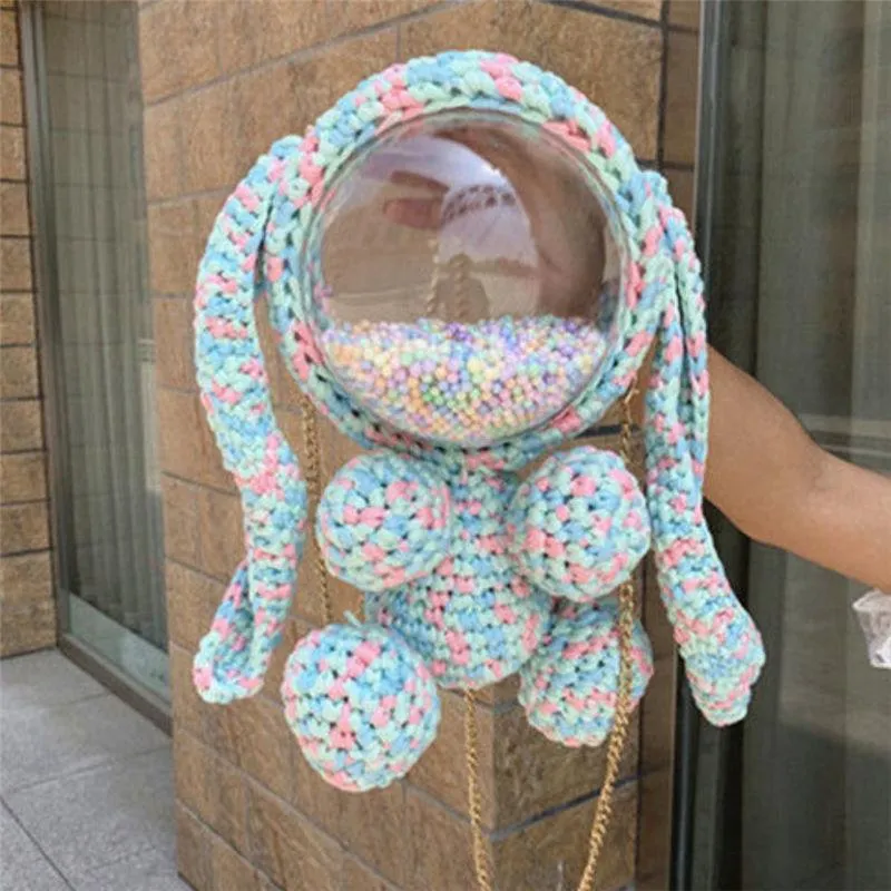 Cute Light Blue & White Crochet Bunny Backpack Rabbit Crochet Shoulder Bag for Girl Bunny Crochet Crossbody Purse