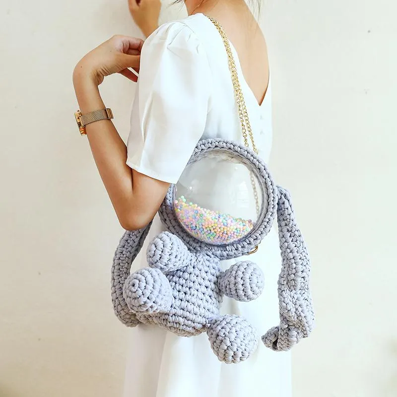 Cute Light Blue & White Crochet Bunny Backpack Rabbit Crochet Shoulder Bag for Girl Bunny Crochet Crossbody Purse